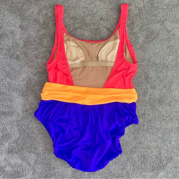 L 12 VTG Le Cove 90’s Neon Colorblock Low Back One Piece Ruched Swimsuit - Picture 12 of 12